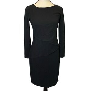Ronen Chen Women's Midi Dress Size 0 Black Tiered Long Sleeve Sheath Flattering‎